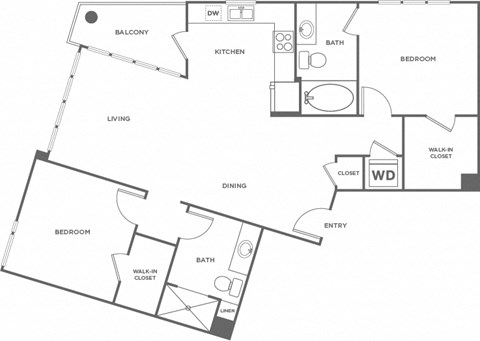 Floor plan for 2 beds, 2 baths, 1039 sqft