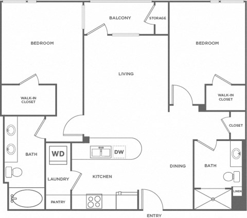 Floor plan for 2 beds, 2 baths, 1064 sqft