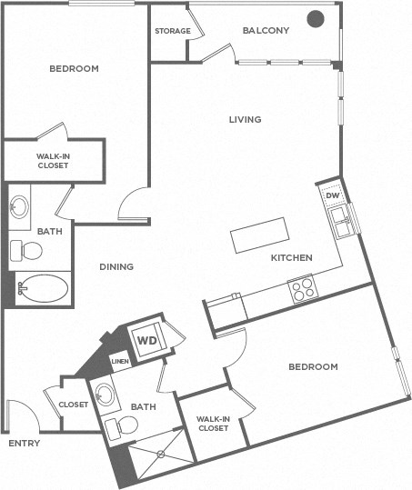 Floor plan for 2 beds, 2 baths, 1236 sqft