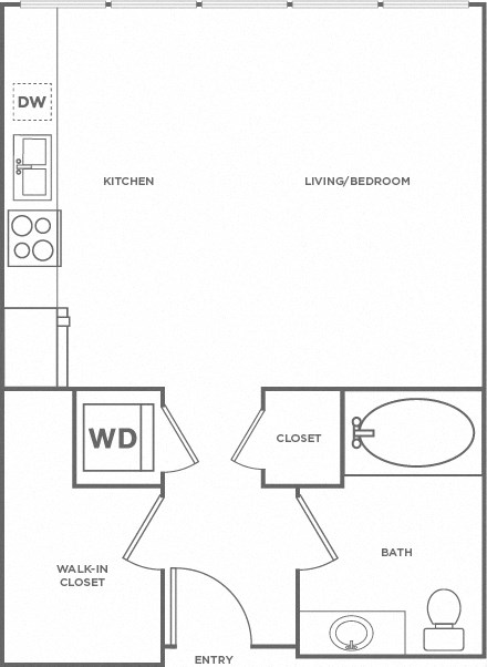 Floor plan for studio, 1 bath, 527 sqft