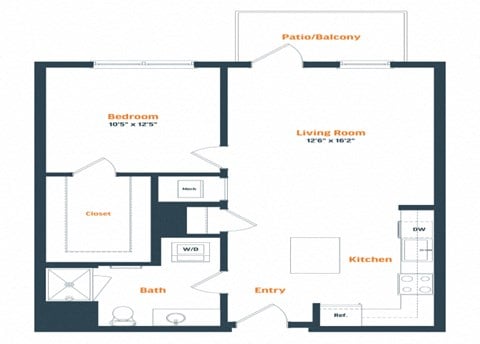 Floor plan for 1 bed, 1 bath, 750 sqft