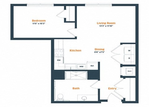 Floor plan for 1 bed, 1 bath, 695 sqft