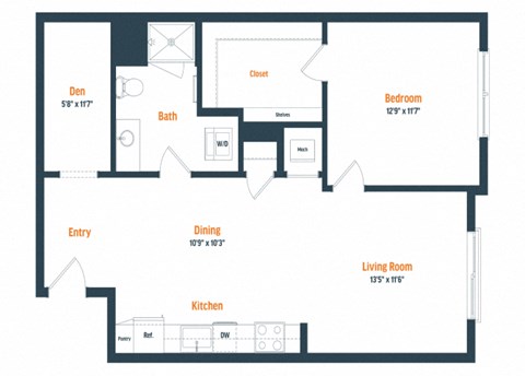 Floor plan for 1 bed, 1 bath, 854 sqft