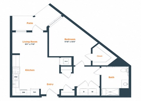 Floor plan for 1 bed, 1 bath, 790 sqft