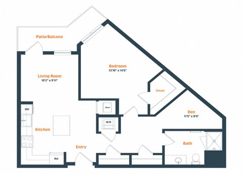 Floor plan for 1 bed, 1 bath, 781 sqft