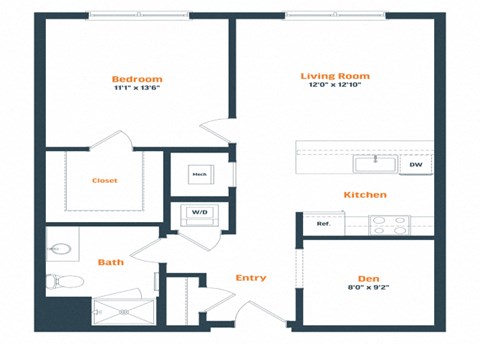 Floor plan for 1 bed, 1 bath, 799 sqft