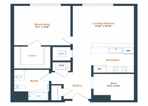 Floor plan for 1 bed, 1 bath, 810 sqft
