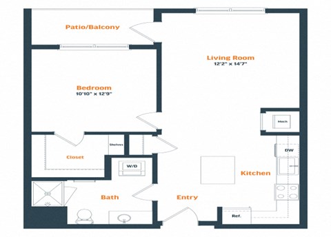 Floor plan for 1 bed, 1 bath, 737 sqft