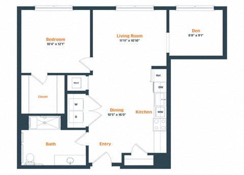 Floor plan for 1 bed, 1 bath, 841 sqft