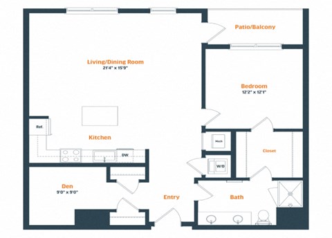 Floor plan for 1 bed, 1 bath, 1031 sqft