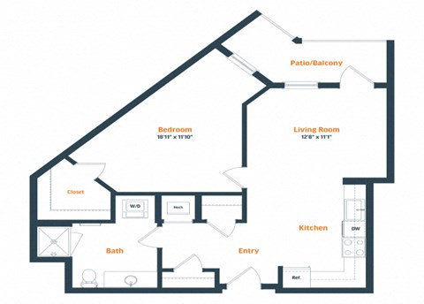 Floor plan for 1 bed, 1 bath, 778 sqft