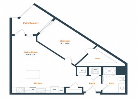 Floor plan for 1 bed, 1 bath, 770 sqft
