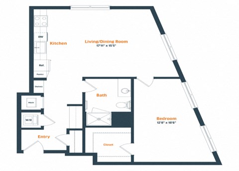Floor plan for 1 bed, 1 bath, 839 sqft