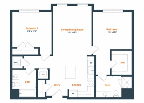 Floor plan for 2 beds, 2 baths, 1079 sqft