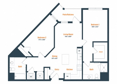 Floor plan for 2 beds, 2 baths, 1012 sqft