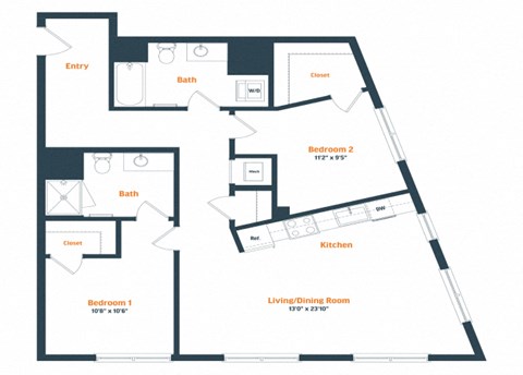 Floor plan for 2 beds, 2 baths, 1077 sqft