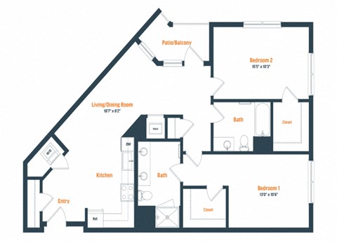 Floor plan for 2 beds, 2 baths, 1103 sqft