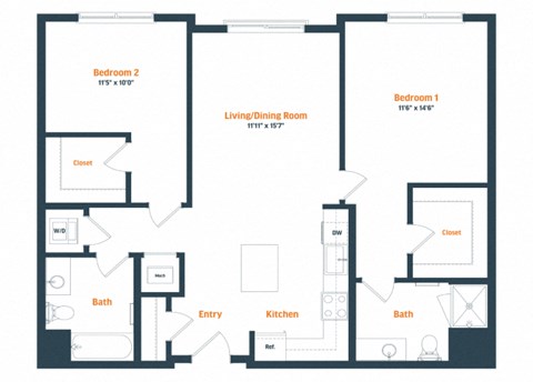 Floor plan for 2 beds, 2 baths, 1115 sqft
