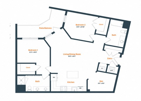 Floor plan for 2 beds, 2 baths, 1169 sqft