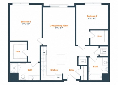 Floor plan for 2 beds, 2 baths, 1114 sqft