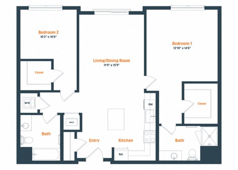Floor plan for 2 beds, 2 baths, 1115 sqft