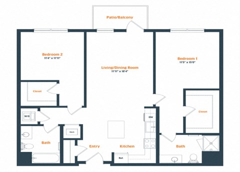 Floor plan for 2 beds, 2 baths, 1199 sqft