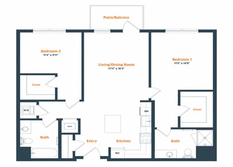 Floor plan for 2 beds, 2 baths, 1126 sqft
