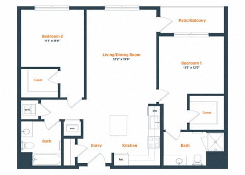 Floor plan for 2 beds, 2 baths, 1135 sqft
