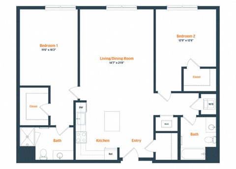 Floor plan for 2 beds, 2 baths, 1309 sqft