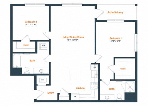 Floor plan for 2 beds, 2 baths, 1114 sqft