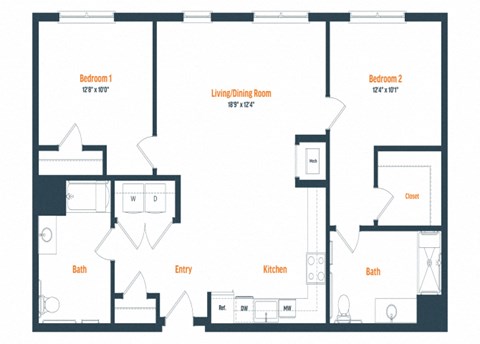 Floor plan for 2 beds, 2 baths, 1140 sqft