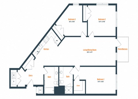 Floor plan for 3 beds, 2 baths, 1400 sqft