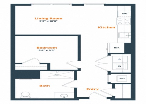 Floor plan for 1 bed, 1 bath, 598 sqft
