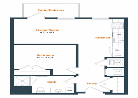 Floor plan for 1 bed, 1 bath, 624 sqft