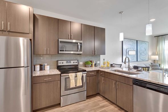 Lakewood apartment for rent - A modern kitchen with wooden cabinets and stainless steel appliances.