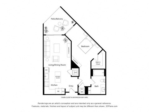 Floor plan for 1 bed, 1 bath, 755 sqft