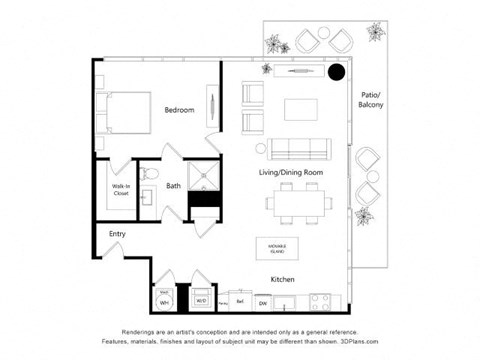 Floor plan for 1 bed, 1 bath, 908 sqft