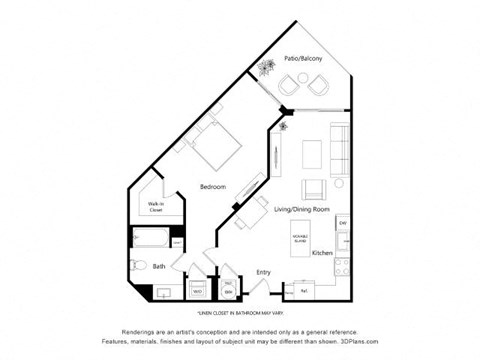 Floor plan for 1 bed, 1 bath, 796 sqft
