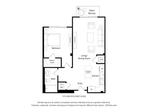 Floor plan for 1 bed, 1 bath, 800 sqft