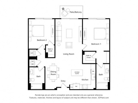 Floor plan for 2 beds, 2 baths, 1140 sqft