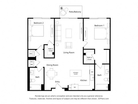 Floor plan for 2 beds, 2 baths, 1168 sqft