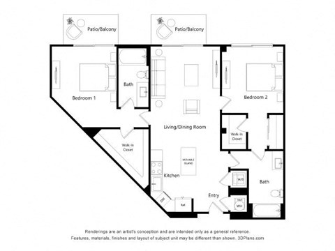Floor plan for 2 beds, 2 baths, 1126 sqft