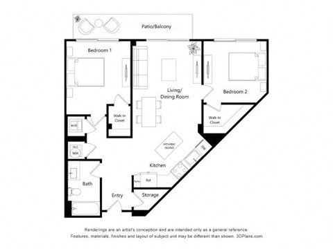 Floor plan for 2 beds, 2 baths, 913 sqft