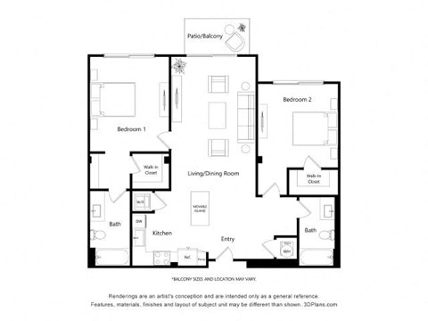 Floor plan for 2 beds, 2 baths, 1155 sqft