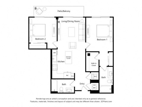 Floor plan for 2 beds, 2 baths, 967 sqft