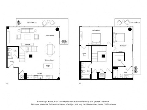 Floor plan for 2 beds, 2 baths, 1797 sqft