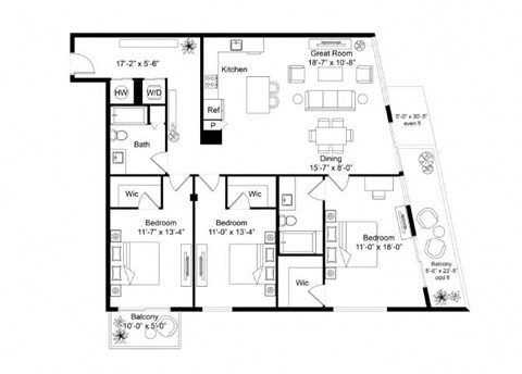 Floor plan for 3 beds, 2 baths, 1586 sqft