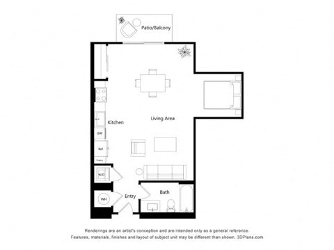 Floor plan for studio, 1 bath, 680 sqft