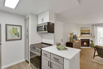 Westminster apartment for rent - A modern kitchen with a wood stove in the living room.