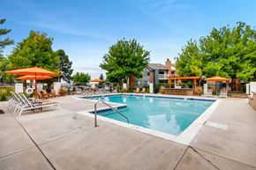 Westminster apartment for rent - A large swimming pool surrounded by trees and umbrellas.